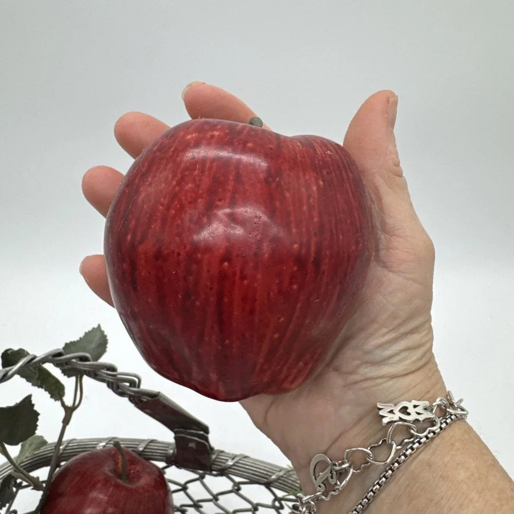 Silver Basket Woven Metal Hinged Handle Natural Patina India W/ Faux Apples